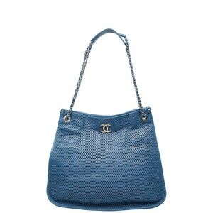 CHANEL Coco Mark Mesh Chain Tote Bag Light Blue Leather Women's